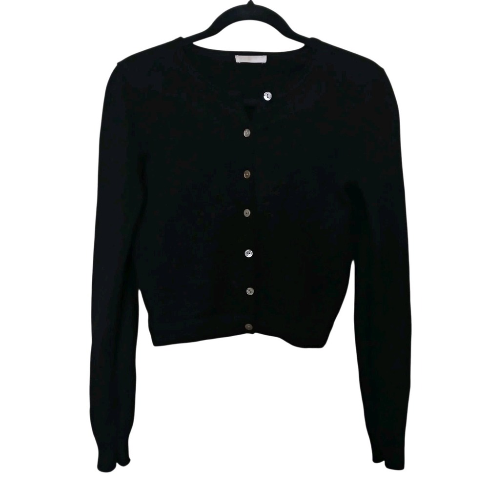 Womens Black Knit Button Front Cardigan Sweater Crewneck Wool Blend XS
